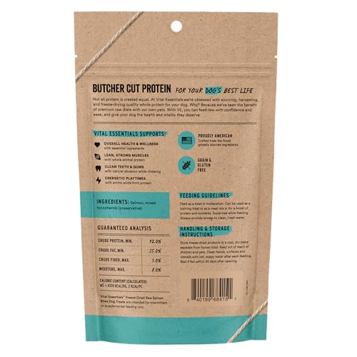 Vital Essentials Freeze Dried Dog Treats | Salmon Bites, Single Protein | Premium Quality | Grain Free Training Treats for Dogs, 2.5 oz Bag