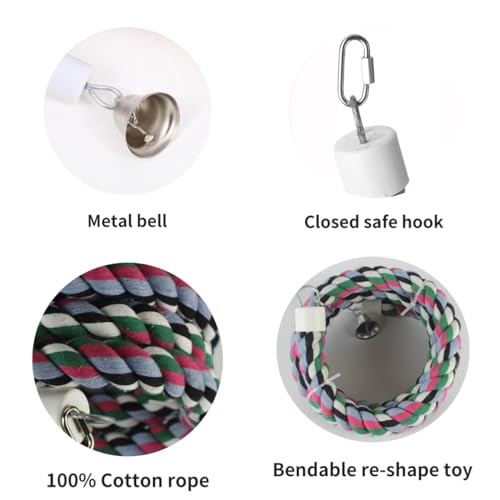 94.4inch Length Colorful Cotton Bendable Rope Perch Swing Bird Chew Toys  Parrots Cage Toys with Bell Swing Climbing Standing Bungee Bird Toys for Regular to Big Size Birds
