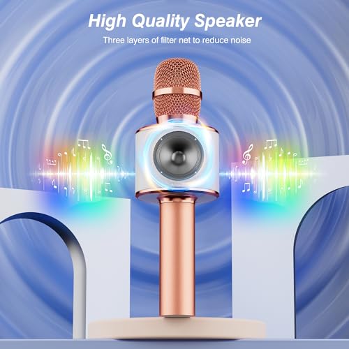 BONAOK Wireless Bluetooth Karaoke Microphone,3-in-1 Portable Handheld Karaoke Mic Speaker Machine Home Party Birthday for All Smartphones PC(Q37 Rose Gold)