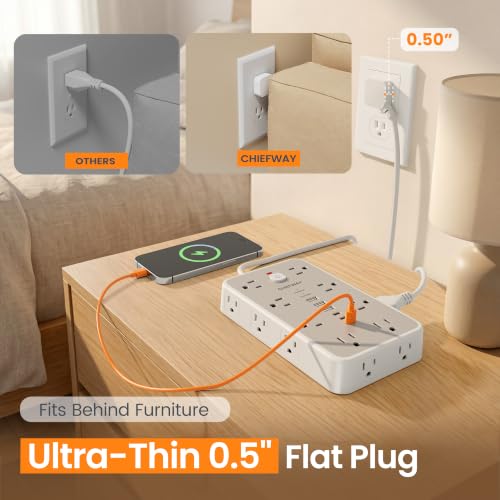 6 FT Surge Protector Power Strip with 6 USB, 16 Outlets, 2400J | 3 USB-A & 3 USB-C Ports, 1.7" Wide-Spaced Outlets, 1875W/15A, Flat Plug, 4-Sided Design for Home, Office, Dorm & Gaming