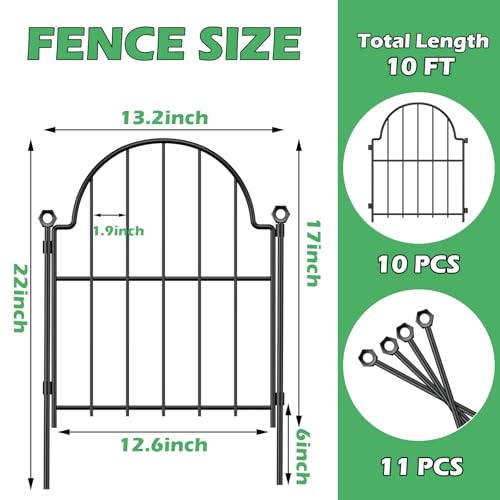 Blingluck Garden Fence, 22 in(H) x 10.83 ft(L) Arched Rustproof Metal No Dig Fence Garden Fence Border, Ground Stake Animal Barrier Fence for Rabbit Dog, Outdoor Decor for Yard & Patio
