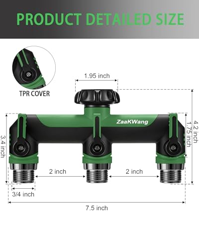 Garden Hose Splitter, 3 Way Hose Splitter, Heavy Duty Water Hose Bib Spigot Splitter, Outdoor Faucet Splitter with Shutoff Valve, T Adapter Connector with 3/4 - Inch GHT Thread (Green)