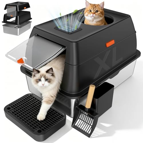 Extra Large Stainless Steel Litter Box with Lid, High Sided Enclosed Metal Cat Litter Pan, Dog Proof Front Entry Top Exit, Odor Control Easy Clean Leak Proof, Includes Scoop & Step, Black