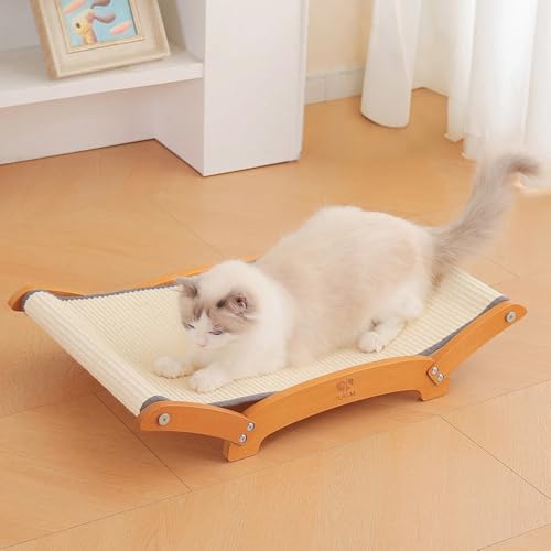 Extra-Larger Sisal Cat Scratcher Bed, Durable Cat Scratching Post with Hammock for Indoor Cats Lounger & Sleep & Scratch, Natural Sisal Cat Scratch Pad, Sturdy Solid Wood Frame (Upgraded Extra-Larger)
