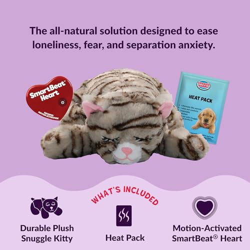 Snuggle Kitty Heartbeat Cat Toy for Kittens and Cats with Real-Feel Pulse and Heat Pack, Calming Sleep Aid for Cat Anxiety, New Kitten Essentials - Tan Tiger