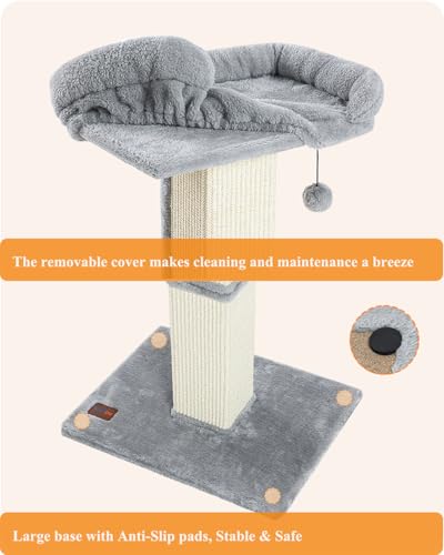 Karolpar 32" Cat Scratching Post for Indoor Cats, Sisal Cat Scratcher with Plush Perch, Large Scratch Post with Bed, Removable Cover, Sisal Fabric,Light Grey