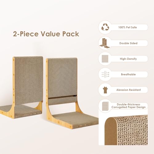 EHEYCIGA 2-Pack Cat Scratcher, 25.6 Inch L-Shaped Cardboard Scratch Pad for Indoor Cats, Vertical Cat Scratching Board with Ball Toy, Furniture Protector, Reversible Design for Double Life, Large