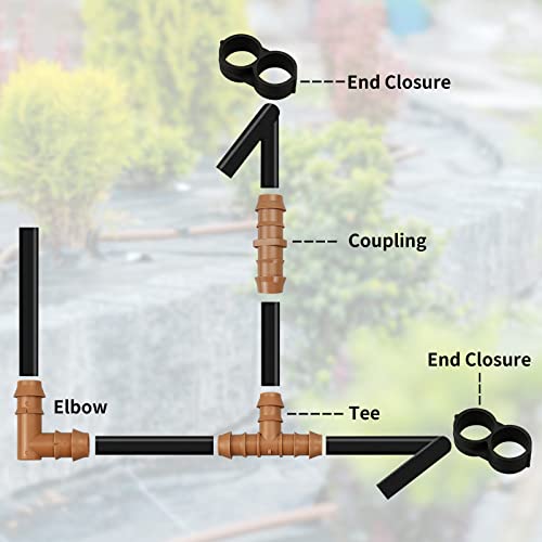 JAYEE 24P Drip Irrigation Fittings Kit for 1/2" Tubing (.600 ID), 17mm Parts- 6 Tees, 6 Couplings, 6 Elbows,6 End Cap Plugs- Barded Connectors for Rain Bird Pipe and Sprinkler Systems (24 Pieces Set)