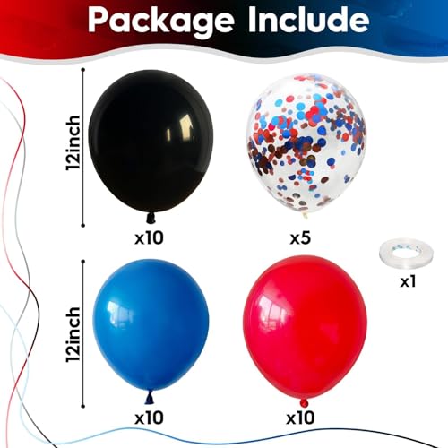 Red Blue Black Balloons, 12 Inch Royal Blue Red Confetti Latex Balloon with Black Helium Balloon Kit for Boys Spider Cool Man Halooween Theme Birthday Decor Graduation Party Decoration Supplies