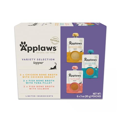 Applaws Bone Broth Fish & Chicken Variety 12-Pack Lickable Wet Cat Food Topper, High Protein, Limited Ingredient, Grain Free, No Artificial Additives (12 x 3 oz Resealable Spout Pouches)