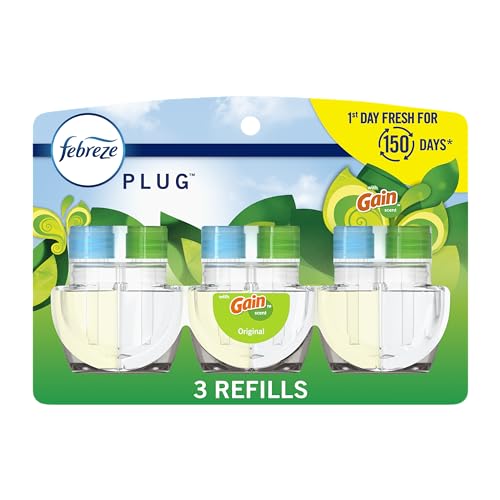 Febreze Plug-In Air Freshener, Odor-Fighting Scented Oil Refill, Air Fresheners for Home, Bathroom and Kitchen, Long Lasting, Gain Original Scent, 0.87oz Refills, Blue and Green, 3 Count
