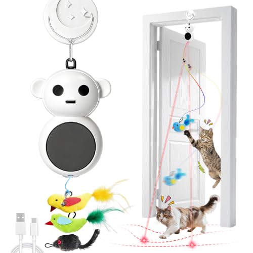Interactive Cat Toys for Indoor Cats, 2-in-1 Laser Pointer Cat Toy with Automatic Flying Bird & Mouse Wand, Adjustable Speed USB Rechargeable Doorway Hanging Toy for Bored Kittens and Adult Cats