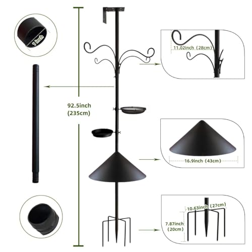 Bird Feeder Pole - 92 Inch Heavy Duty Birdhouse Stand with Squirrel Proof Baffle for Outdoor, Adjustable Bird Feeding Station with Multi Shepherds Hooks Mental Trays for Garden Attracting Wild Birds