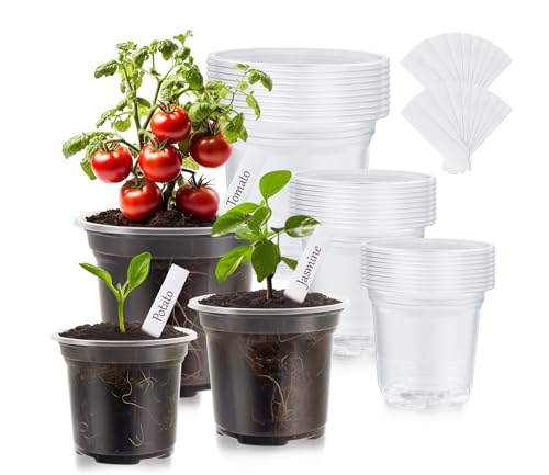 30 Packs Clear Nursery Pots for Plants, 3.5/4/5 Inch High Transparency Plastic Seedling Plant Pot with Drainage Holes, Includes 20 Labels
