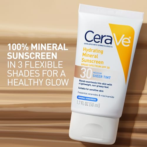 CeraVe Hydrating Mineral Sunscreen SPF 30 with Sheer Tint, Tinted Mineral Sunscreen with Zinc Oxide & Titanium Dioxide, Blends Seamlessly For Healthy Glow, Medium, 1.7 Fluid Ounce