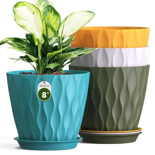 8 Inch Plant Pots 4 Pack Plastic Planters with Drainage & Saucers | 8 inch 4 pack plastic plant pots with 3D water ripple texture, drainage holes and saucers for indoor outdoor plants