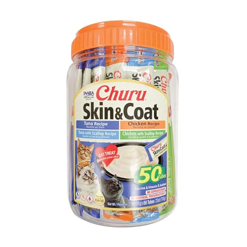 INABA Churu for Skin & Coat, Lickable, Squeezable Cat Treat with Omega Oils, Taurine and Vitamin E, 0.5 Ounces Each Tube, 50 Tubes, Skin & Coat Variety