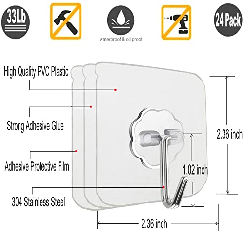 Jwxstore 24 Pack Self Adhesive Hooks Heavy Duty - 33lb Max, Transparent, Waterproof, Sticky Wall Hooks for Keys, Bathroom, Shower, Outdoor, Kitchen, Door, Home Improvement, Utility Hooks