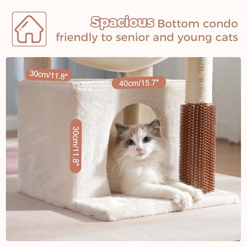 Cat Tree 32 Inches Small Cat Tree for Large Cats Adult Cat Tower with Scratching Post,15.7”Large Hammock and Self Groomer, and Removable Top Perch and Wide Condo for Indoor Cats-Beige