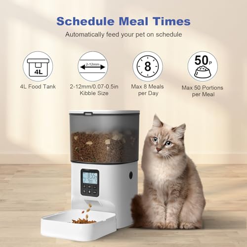Automatic Cat Feeder, 4L Cat Food Dispenser with 10s Voice Recorder, Pet Feeder up to 8 Meals per Day, Timed Dog Feeder with Dry Food Sealed Ring