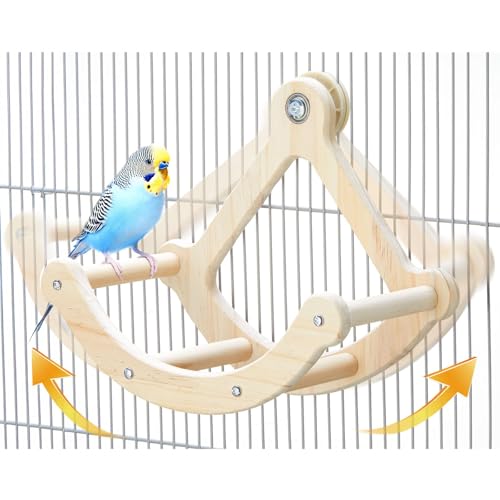 Bird Perch Toy, Interactive Rocking Parakeet Toys and Perches, Wooden Exercise Wheel Cockatiel Toys, Intelligence Puzzle Birds Enrichment Toy for Parrot, Bird Cage Accessories Perch for Budgies Conure