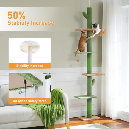 PAWZ Road Cat Tree, Cactus Floor to Ceiling Cat Tower with Adjustable Height(95-108 Inches), 5 Level Cat Climbing Tower with Cozy Hammock, Platforms and Dangling Balls for Indoor Cats