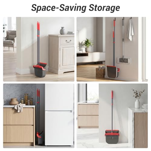 Broom with Dustpan Combo Set, Long Handle Upright Standing Self-Cleaning Broom and Dustpan Set for Pet Hair & Dust Cleanup, Indoor Outdoor Use for Home, Kitchen, Office, Red & Gray