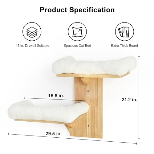 FUKUMARU Cat Wall Shelves, 2 Platform Cats Walls Furniture, Tree Shape Kitten Floating Shelf with Soft Cushion Perch, Solid Rubber Wood for 16 Inch Drywall, Suitable for Climb, Play, Nap