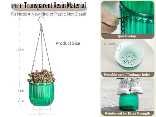 Melphoe 2 Pack Self Watering Hanging Planters Indoor Flower Pots, 6.5 Inch Outdoor Hanging Basket, Plant Hanger with 3Hooks Drainage Holes for Garden Home (Emerald)