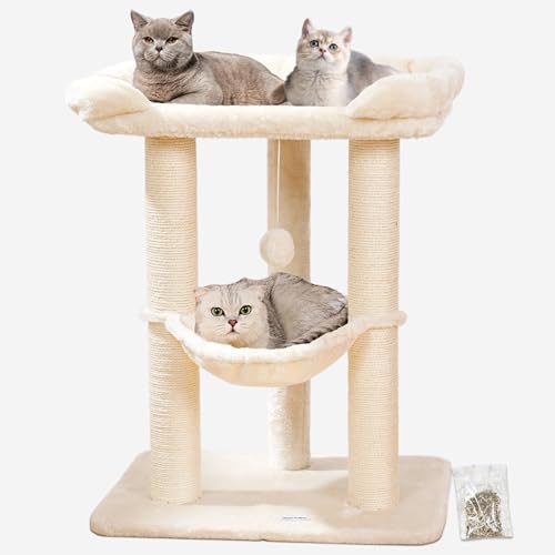 Happi N Pets 28" Cat Tree, Large Bed for Big Cats, Small Cat Tower with Soft Perch for Window Viewing, Stable Cat Tree Tower, Cat Scratching Post with Hammock, Removable Cover-Beige