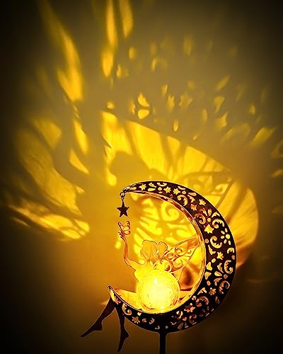 Vuees Solar Fairy Moon Garden Stake Light, Outdoor Yard Patio Decor Gift | Auto dusk glow; no wiring; rust-resistant metal; warm patterned reflections; pathway, lawn and backyard accent
