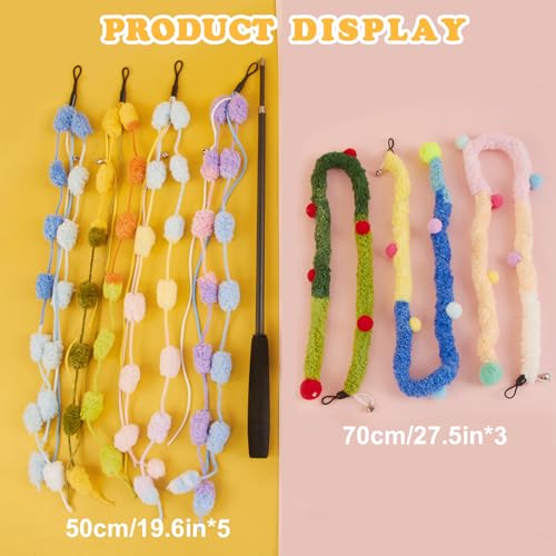 Cat Wand Toy, 8Pcs Retractable Plush Srtip Cat Teaser Wand Toys with Bell & String, Long Interactive Wand Toys for Indoor Kitten, Exercise