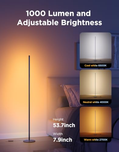 Govee RGBIC Floor Lamp Basic, 1000lm LED Corner Lamp, Black | Compatible with Alexa and Matter, Modern Floor Lamp with Music Sync and 16 Million DIY Colors, Standing Lamp for Bedroom
