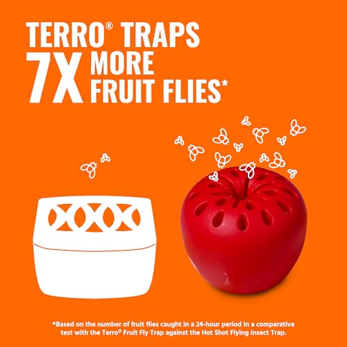 TERRO Fruit Fly Trap, 6-Pack Indoor Fly Traps with 270 Days Lure Supply | Apple-Shaped Design for Kitchen Counters, Fruit Bowls, Trash Cans, Food-Based Lure, Indoor Pest Control, Fruit Fly Killer