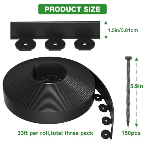 MIXC 100ft Landscape Edging Kit with 150 Spikes, Not Digging Flexible Plastic Edge Border for Landscaping, Lawn, Garden, Flower Beds, Yard, Paver, Playground, Pathway,3pack, 33ft Each,1.5in high