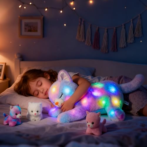 Hopearl LED Plush Cat Lighting Up Stuffed Mommy Cat with 3 Baby Kittens in her Tummy Stuffed Animal Playset Night Lights Glow in The Dark for Mom Kids Toddler Girls, Rainbow, 18''