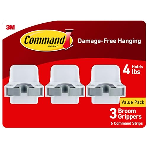 Command Broom Grippers, 3 Hangers and 6 Strips, Damage-Free Mop and Broom Holder Wall Mount, Household Cleaning Tool Organizer for Kitchen, Laundry Room, Closet, Holds up to 4 lb