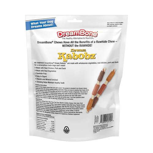 DreamBone Kabobz Dog Treats, Daily Rawhide-Free Chew, Digests Safely and Completely, With Real Protein, Chicken, Duck, Pork and Veggies, 18 count