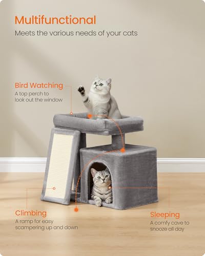 Feandrea Small Cat Tree, Cat Tower Condo, Scratching Ramp, Large Top Perch, Cave, 20.1 x 15.4 x 18.3 Inches, Dove Gray UPCT010GD02S