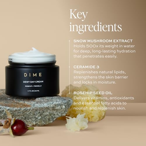 DIME Beauty Dewy Day Cream - Anti-Aging Hydrating Face Moisturizer with Rosehip Oil, Ceramides and Snow Mushroom for Dry and Combination Skin, Vegan and Cruelty-Free, 1.7 oz / 50 ml