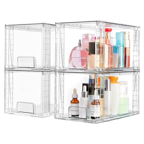 Vtopmart 4 Pack Large Stackable Storage Drawers, Clear | Easily Assemble Bathroom Closet Undersink Organizers and Storage Kitchen Cabinets,Pantry,Makeup,Medicine Organization