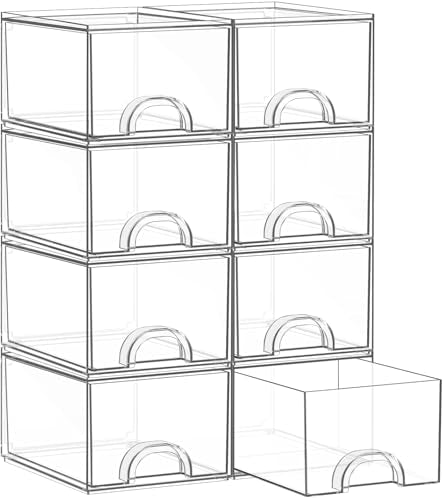 8 Pack Small Clear Stackable Acrylic Storage Boxes for Art Tool & Sketch, Storage Drawers, Storage Organizer, Clear Plastic Makeup Organizer, Ideal for Vanity, Cabinet, Desk Organization