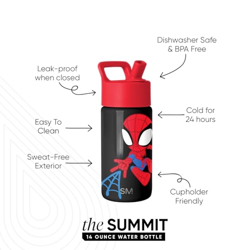 Simple Modern Marvel Spider Man Kids Water Bottle with Straw Lid | 14oz Insulated Stainless Steel Kids Tumbler & Spill Proof Toddler Cup for School, Girls, Boys | Summit | Spidey Kid