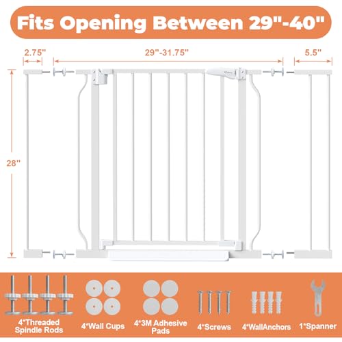 Baby Gate No Drilling, 29"-40" Dog Gate Indoor for Stairs & Doorways | Auto Close, Pressure Mounted Adjustable Pet Gate Indoor, Easy Walk Through Child Gate for Baby & Pet Stroller Friendly, White