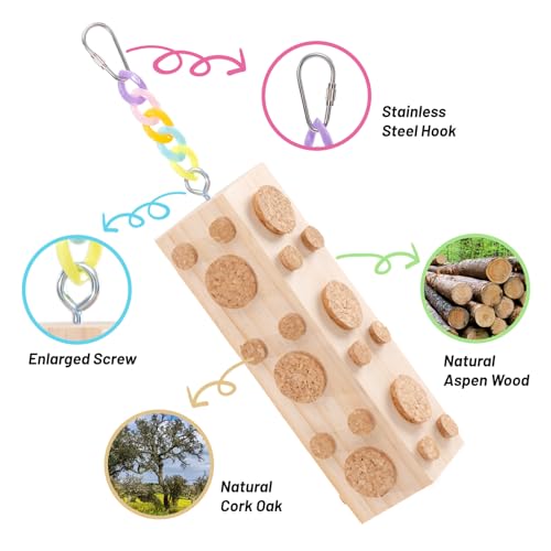 2 Pcs Wooden Bird Chew Toys - 7.9 Inch Hanging Parrot Toys, with 92 Detachable Corks, Relieve Boredom & Anxiety, Foraging Toys, for Parakeet, Cockatiel, Conure, Budgie, Lovebird