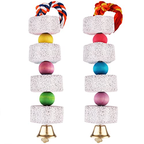 Unibene Parrot Chewing Toy, Bird Beak Grinding Stone with Bell, Lava Block Calcium Supplement Food for African Greys  Conure Eclectus Budgies Parakeet Cockatiel Hamster Chinchilla Rabbit, 2 Pack
