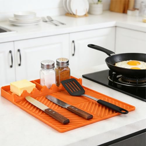 Silicone Tools Mat for Griddle Kitchen Cooking Baking Countertop-Side Shelf Spatula Mat with Drip Pad for Blackstone Weber Traeger Pit Boss Flat Top Grill Smoker- BBQ Accessories Gifts for Men(Orange)