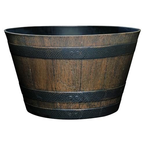 Whiskey Barrel Planter, Resin Garden Pot, 20.5" Kentucky Walnut | Wood Finish Flower Plant Pots, Indoor & Outdoor Planter, Weather-Resistant, Great for Patio, Home & Garden Decor Accent