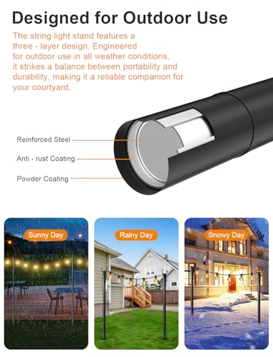 4 Pack String Light Poles for Outside with Ground Stakes and Fence Clips | Adjustable 7-section metal patio light poles for string lights and lanterns; for garden, patio, backyard and outdoor decor.