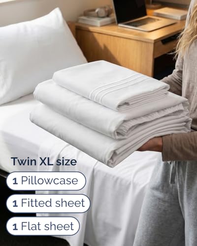 Twin XL 3 Piece Sheet Set - College Dorm Room Essentials - White | Deep Pocket Bed Sheets for Women, Men, Teens & Students, Soft, Cooling, Breathable & Wrinkle Free, Oeko-Tex Bed Sheet Set